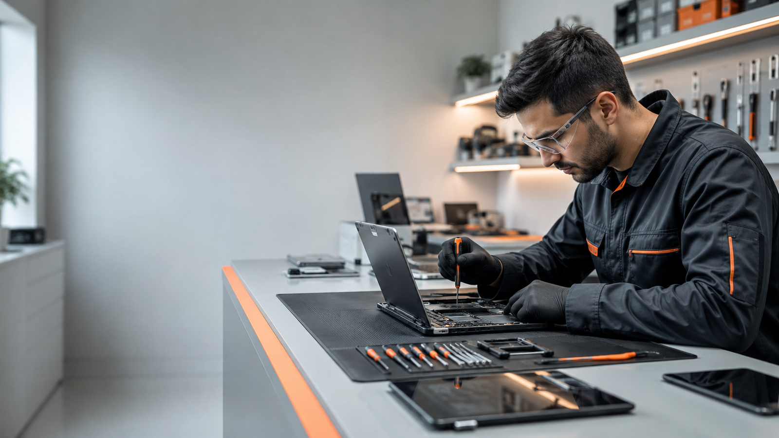 Technician repairing a Apple laptop