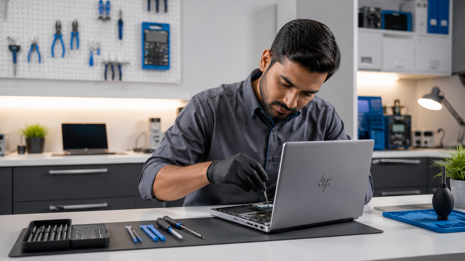 Technician repairing a HP laptop