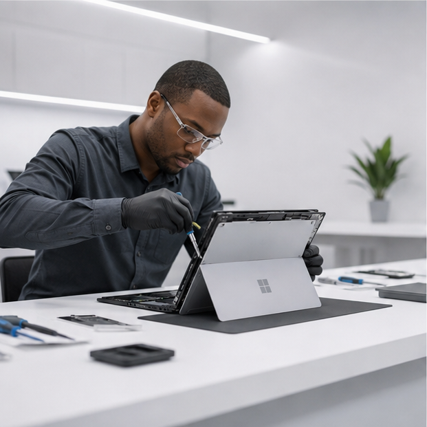 Technician repairing a Microsoft Surface laptop